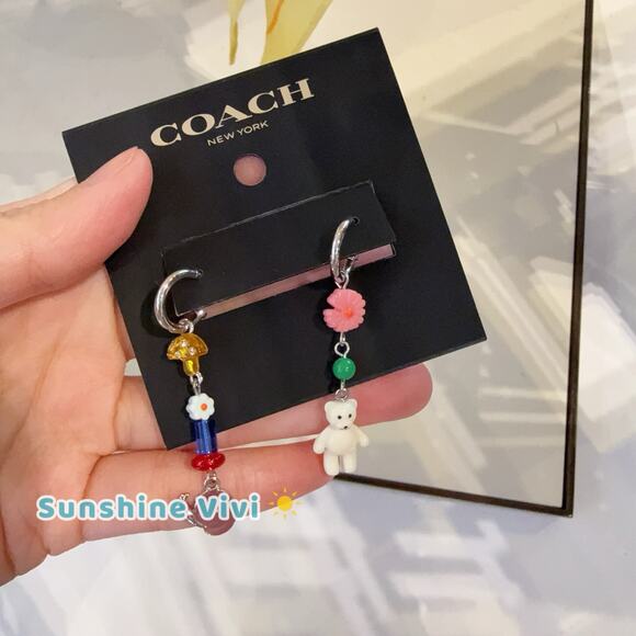 NWT Coach Mushroom And Teddy Bear Linear Earrings CAD44 Silver/Multi - Picture 1 of 7